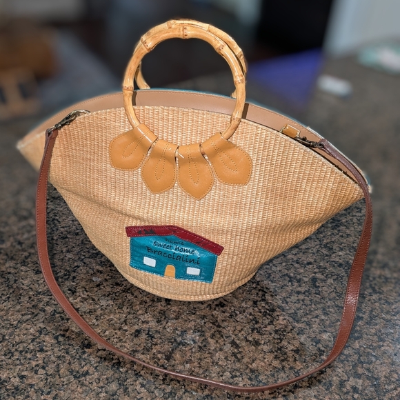 BRACCIALINI TUA HOME SWEET HOME TOTE VORREI VIVERE IN SUMFLOWERS BAMBOO HANDLES - Picture 2 of 4